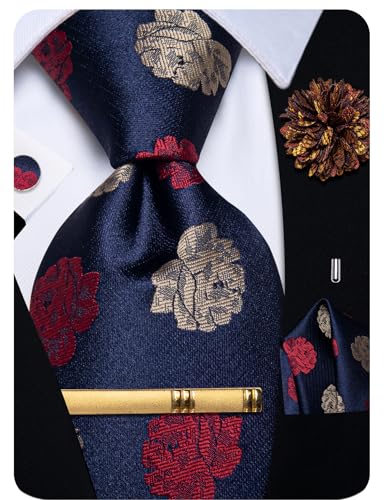 Image of YourTies Silk Paisley Floral Tie and Pocket Square Cufflinks with Lapel Pin Sets for Men 5PC Wedding Party