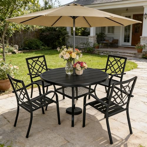 Image of SUNCROWN 6-Piece Outdoor Wrought Iron Chairs and Table Patio Dining Furniture Set - 4 Stackable Metal Chairs, 1 42 inch Round Bistro Table and 1 Brown 9Ft Patio Umbrella for Garden Backyard Deck