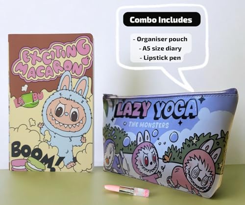 Image of Le Delite Kawaii Macaron Diary Set with Ruled Pages, Cartoon Zipper Pouch and Lipstick Pen, Cute Stationery Collection