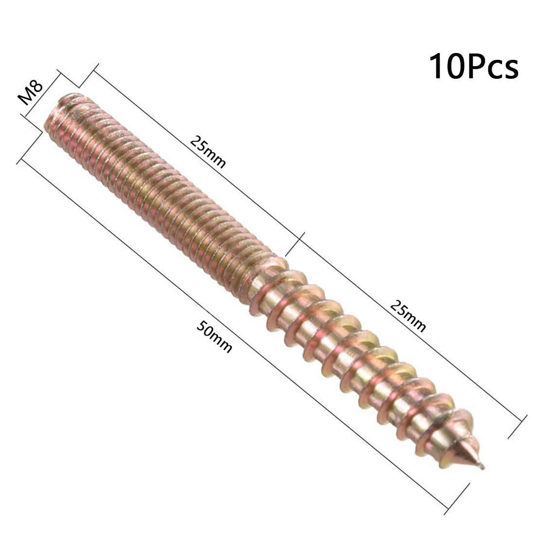 TOP-VIGOR 10Pcs Hanger Bolts, M8x50mm Double Headed Bolts Self Tapping Screw, Double Ended Dowel Screws, Screw Dowels Hanger - Image 2