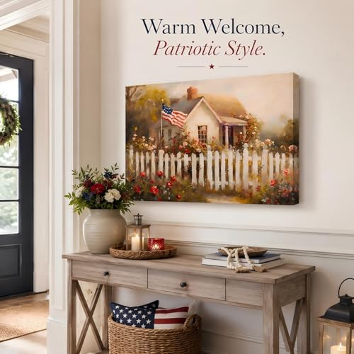 Image of RIBNTAK Made in USA Patriotic American Flag Farmhouse Canvas Wall Art, 4th of July Cottage Garden with Roses Painting Print, Independence Day Decor for Living Room, Bedroom & Kitchen, 8x12in