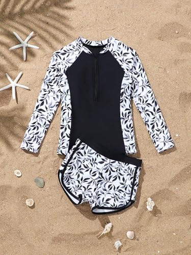 Image of SEGT Girl's Floral Long Sleeve Rash Guard with Bikini Bottom 2 Piece Swimsuit Set