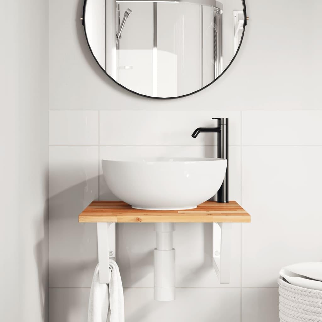 Mangloder Estantería para lavabo de pared de acero y madera maciza de acacia, 50 x 50 cm, con soporte trapezoidal, estante para ahorrar espacio para baño, lavabo, cosméticos y toallas