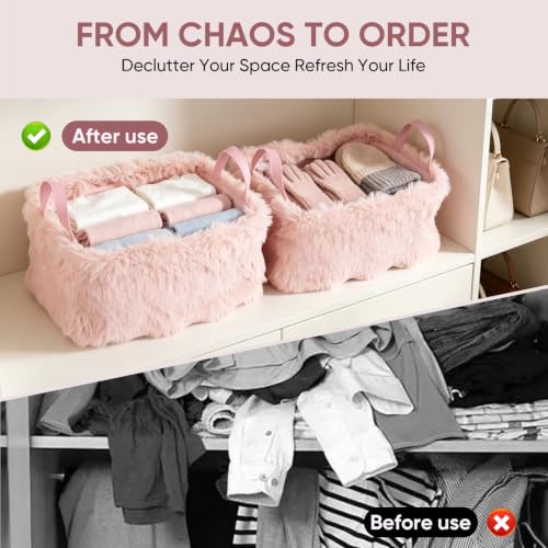 2 Pack Storage Baskets, Plush Faux Fur with Handles for Closet Organizer - Image 4