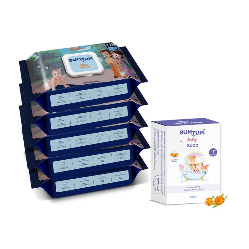 Image of Bumtum Chota Bheem Gentle Soft Moisturizing Wet Wipes With Lid - 360 Pcs.(Pack of 5) & Baby Soap 50 Gram (Pack of 1) Combo