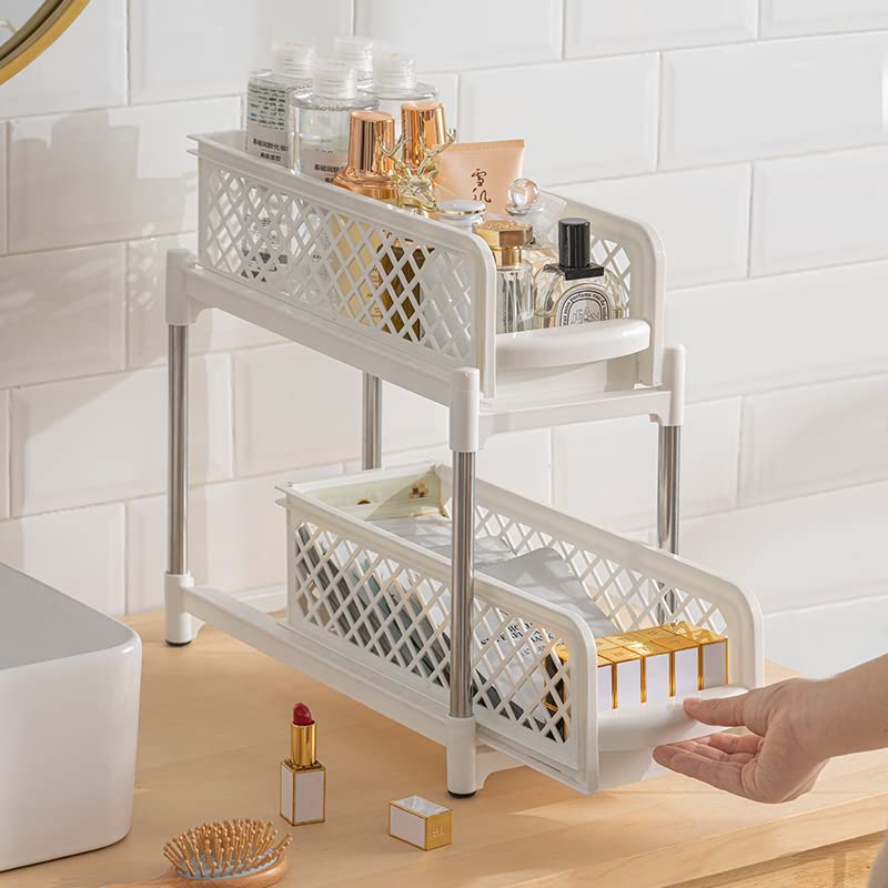 TONSYL 2 Tier Sliding Cabinet Basket, Pull Out Organizer Drawer, under The Sink Shelf with Sliding Storage Drawer Space Saving Spice Rack. for Kitchen Bathroom Office