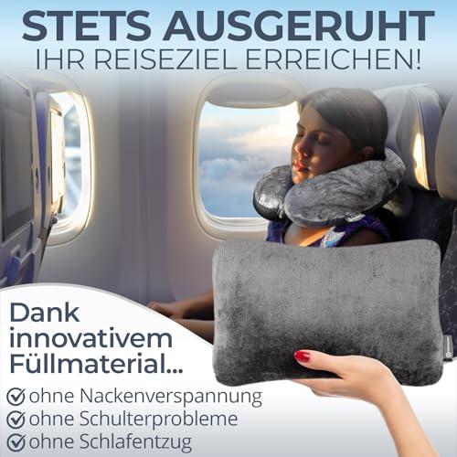 Heimwert Reisekissen - 2in1 Nackenkissen Stützkissen,Nackenhörnchen, 37x27 cm - Travel Pillow für Flugzeug, Camping, Reise - Ergonomisches Kopfkissen mit Microperlen (Grau)