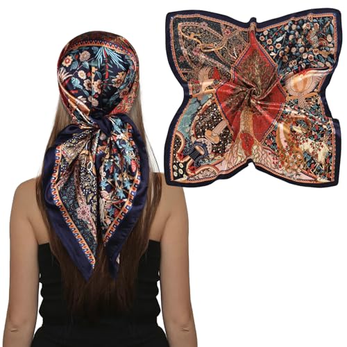 EXTREE Women's 35 inch Fashion Headscarf Silk Satin Scarf for Hair Wrapping at Night Bandana Square Scarf for Sleeping Lucky Tree Blue