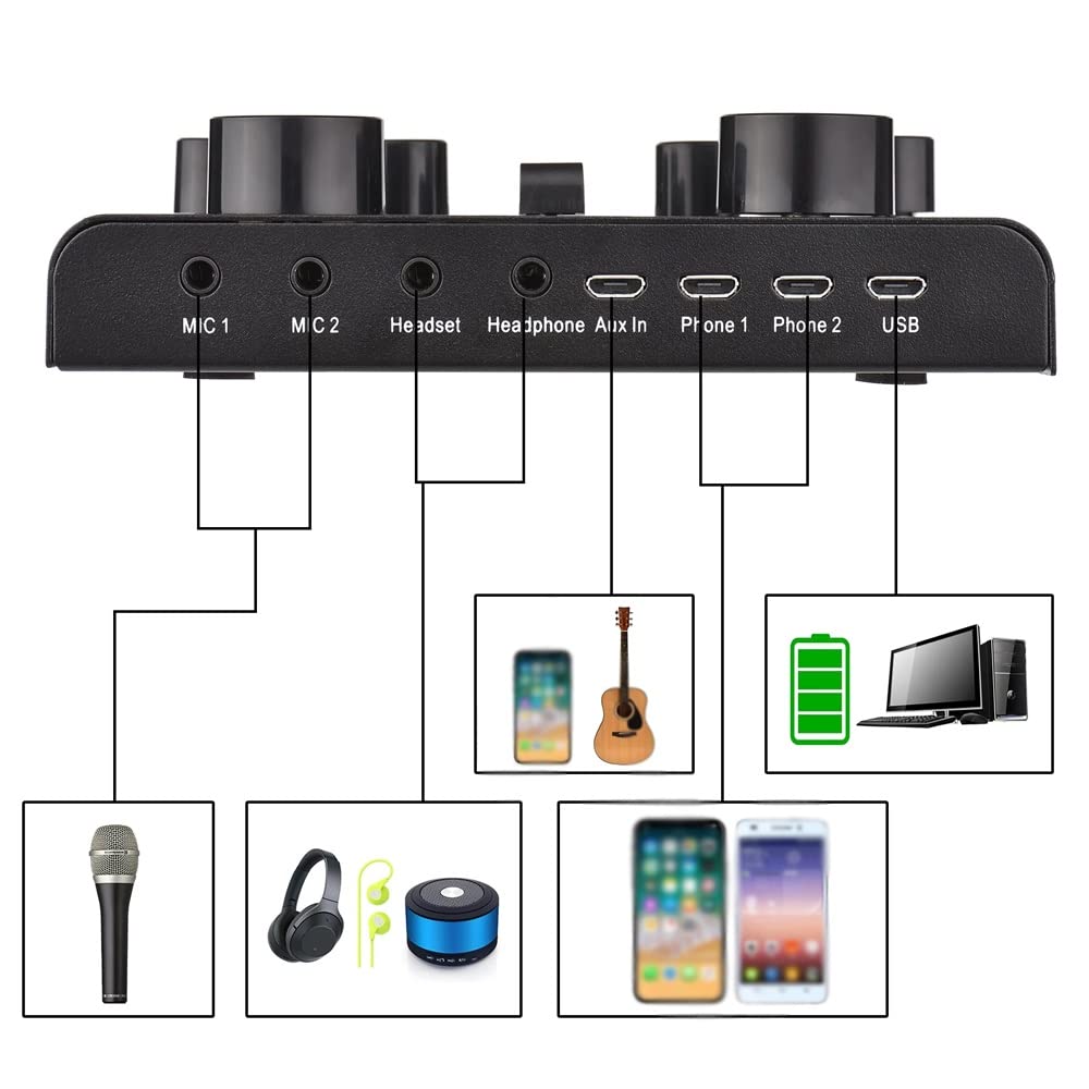 RUHEN Carte Son V8 Plus Live pour Streaming, mixeur Audio USB 15 Effets pour Microphone, changeur de Voix