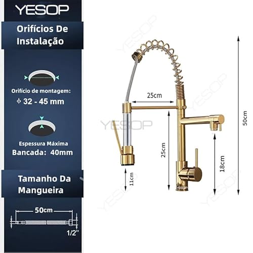 YESOP Torneira Gourmet Para Cozinha Dourada Bancada Misturador Acabamento Brilhante Cor Dourado