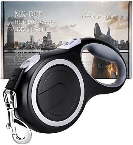 26Ft Retractable Dog Leash, Heavy Duty Great Leash for Dog up to 110 lbs, Anti-Slip Rubberized Handle, One-Handed Brake, Strong Nylon Tape, Tangle Free——MK-DEF