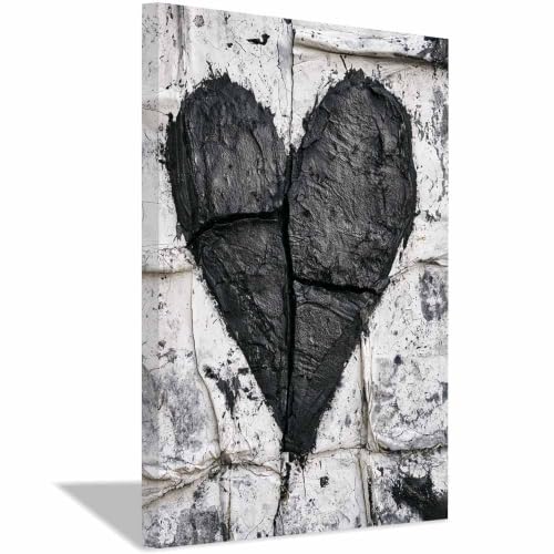 Poster noir et blanc mur à cœur fendu 20x30cm encadré pour déco de salon