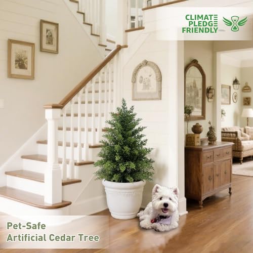Image of 2 Pack 2ft Artificial Cedar Trees for Outdoors (UV Resistant), Potted Faux Cedar Topiary Plants for Front Porch, Realistic Evergreen Shrub for Entryway & Patio Decor
