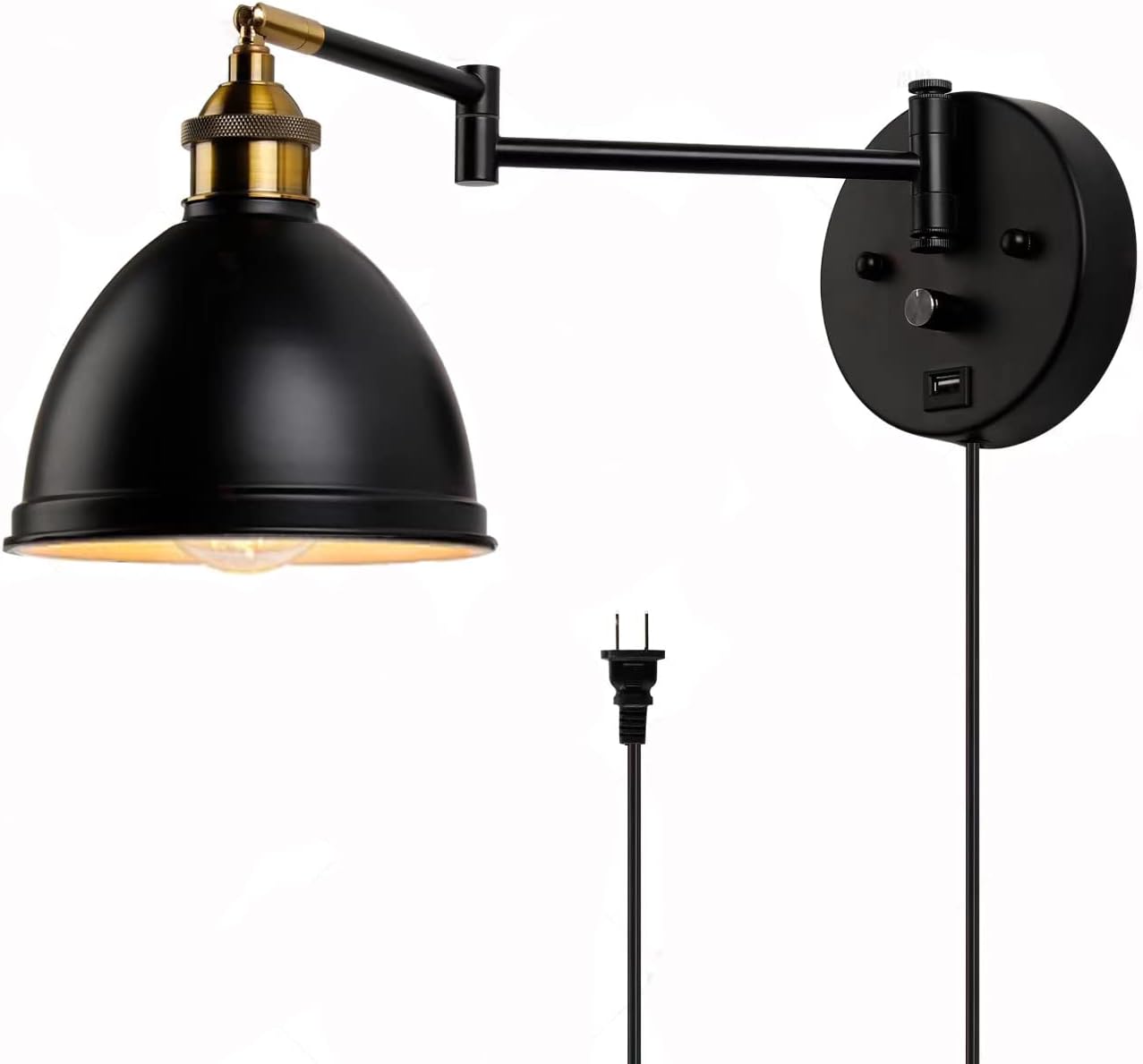 Swing Arm Wall Sconces, Plug-in Wall lamp,Bedroom Wall lamp ， White Fabric Shade，，with dimmable Switch and USB Charging Port, Suitable for Bedside, Living Room, Reading (Metallic Black)