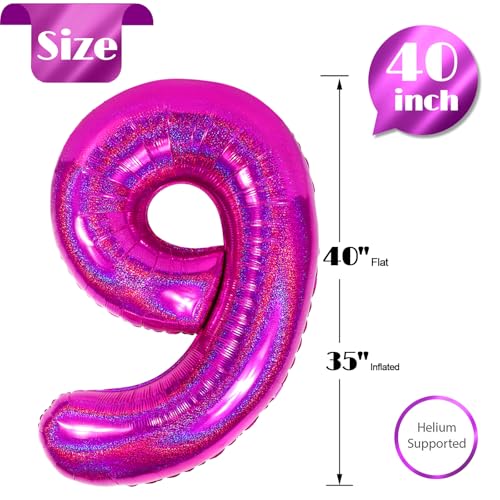 Image of Laser Hot Pink 9 Balloon, Number Balloons 40 Inch, 9th Giant Birthday Decorations,19th 29th Party Decorations Supplies, Number 9 Balloon