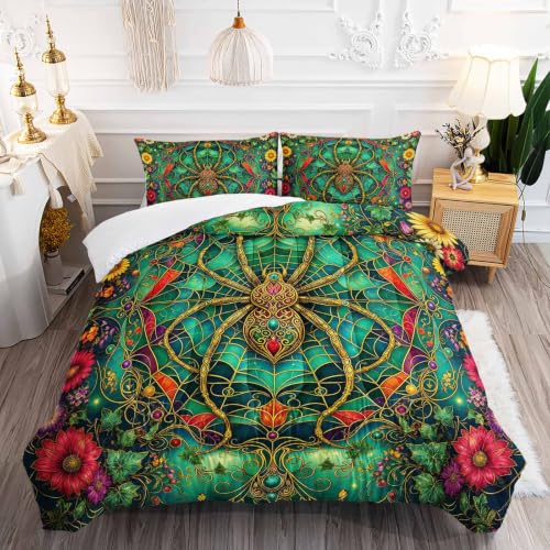 Image of AILONEN Twin Comforter Set 3 Piece, Emerald Spider Web Floral 3D Printed Bedding with 2 Pillowcases, Soft Lightweight Microfiber Ornate Decor for Compact Bedroom