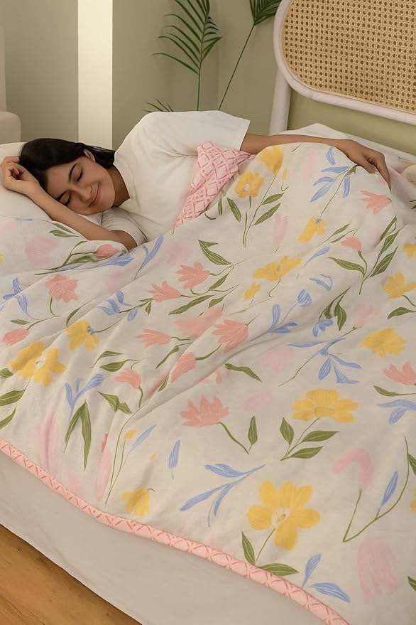 Image of Summer Blanket 100% Cotton Reversible Ac Comforter and Cooling | Classic Printed Design | Quilt | Dohar Single /Double Bed Quilt Ideal for Gifting (Pink Flower, Double BE)