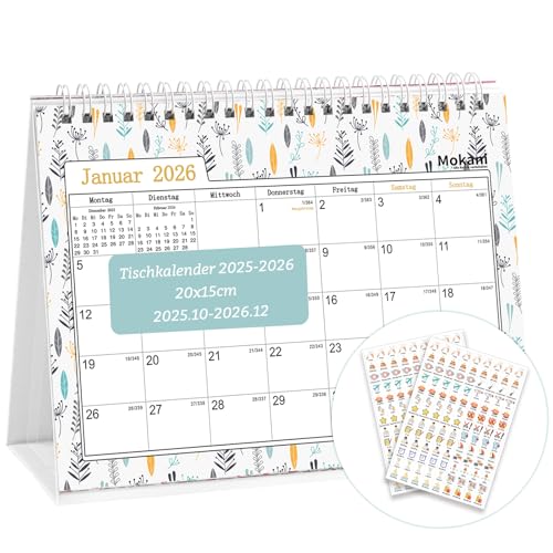 MOKANI Tischkalender 2025-2026, Kleiner Monatskalender 2026 von Oktober 2025 bis Dezember 2026, 15 Monate Schuljahr Flip-Tischkalender mit 234 Aufklebern - 20x15cm