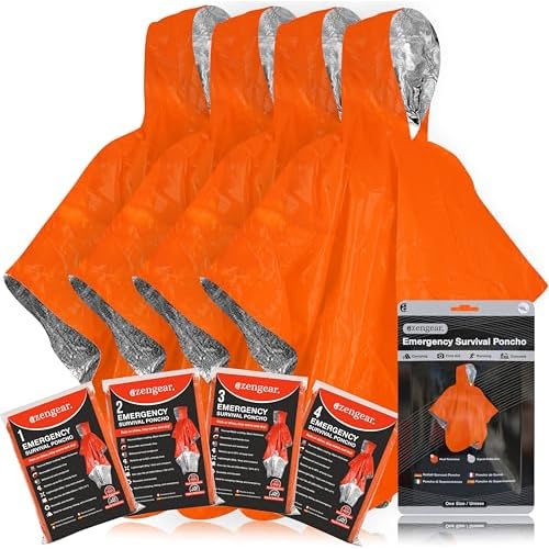 aZengear Emergency Survival Poncho (4pc) Thermal Mylar Foil Coating Blanket for Heat Retention and Rain | Reversible with Hood | Waterproof, Windproof, Portable, Hands-free, Outdoor Kit