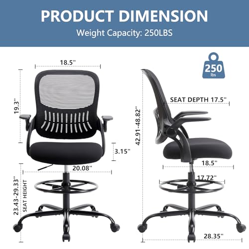 Image of DUMOS Drafting Chair with Flip-up Arms, Tall Office Standing Desk Chair with 360 Swivel Rolling Wheels, Counter Height Adjustable, High Ergonomic Mesh Computer Chairs, Ink