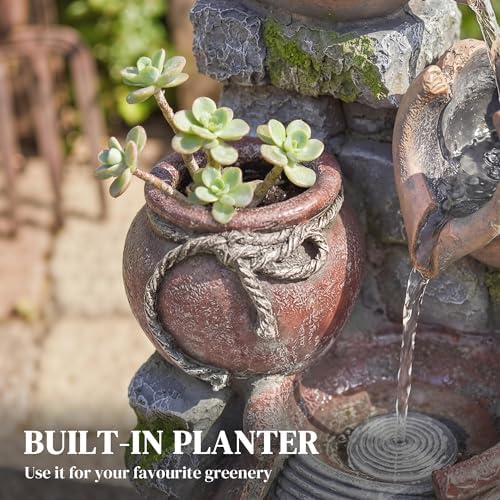Outsunny Outdoor Fountain with 4-Tier Rustic Pot Design, Cascading Rock Waterfall with LED Lights and Adjustable Flow, Freestanding Resin Waterfall Feature for Patio Garden - 3