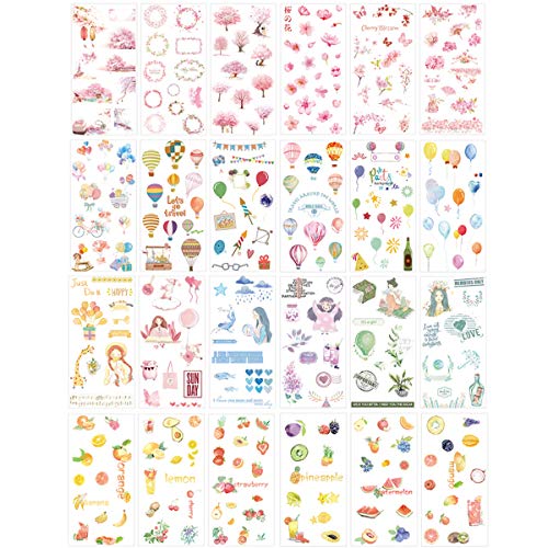 Cute Stationery Sticker Set (Assorted 24 Sheets) Flower Balloon Kawaii Girl Food Bottle Drink Snack Sticker Scrapbooking Travel Journal Diary Book Album Decorative Label Office Supplies