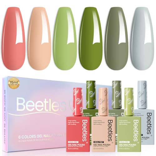 Image of Beetles Summer Gel Polish Set - 6 Colors Hema Free 15ML Full Size Green Nude Pink Gel Polish Kit Soak Off Uv LED Nail Lamp DIY Home Manicure Salon Lakeside Serenity Gift for Women Girls