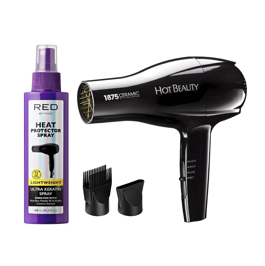 1875W Ceramic Styler Hair Dryer Red by Kiss Ultra Keratin Heat Protector Spray