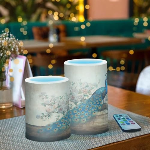 Image of Flickering Flameless Candles, Vintage Peacock LED Candles with Remote Timer, Set of 2 Battery Operated Candle for Valentine Wedding Birthday