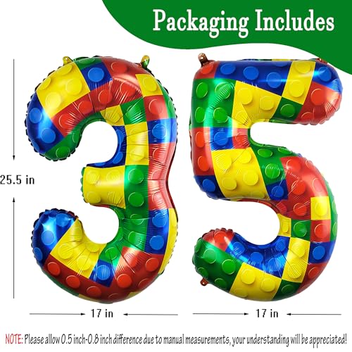 Image of 32 Inch Building Block Number 35 Balloons birthday Block Themed Large Big Helium Foil Mylar Balloon for Girls Boys Birthday Party Decoration Supplies