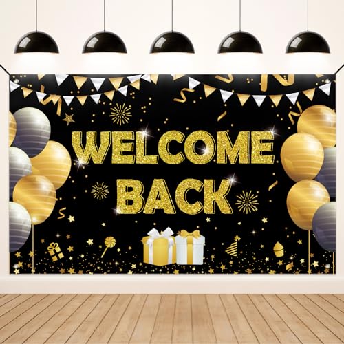 Koliphy Decoracion Welcome Back, Pancarta Welcome Back, Bandera Bienvenida para Celebracion Familiar, Aula, Temporada Escolar, Decoración de Puerta de Fiesta Familiar, 180 x 110cm(Oro Negro)
