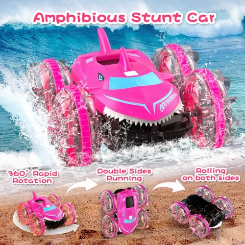 Axirata Amphibious RC Car with Lights for Kids 6-12 Year Old Girls Toy Gesture Hand Remote Control Boat 4WD 2.4GHz Waterproof RC Stunt Car 360° Rotating Water Beach Pool Toys Gift for Girls Kids - Image 4