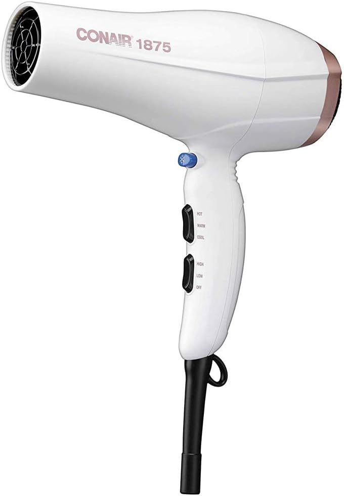 Conair Double Ceramic 1875W Hair Dryer, 3 Heat/ 2 Speed Blow Dryer, Powerful and Fast Drying, Includes Concentrator, Cool Shot Button, Removable Filter, White, Travel hair dryer