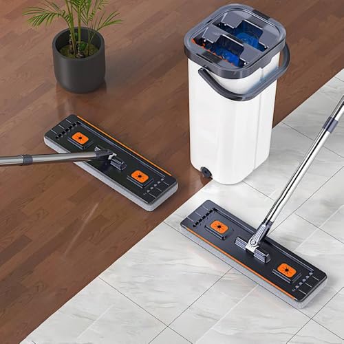 Image of MechHeaven's Flat Mop and Bucket Set with Ultra-Fine Fiber, Magic Metal Handle, Self-Wringing System, Dust-Proof Design for Floor Cleaning, Reusable