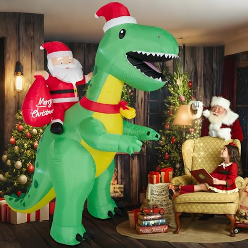 Kendane 8FT Christmas Inflatable Santa Claus Christmas Dinosaur Decoration, Giant Christmas Lights Outdoor Decoration for Garden Yard Lawn Party - Image 8