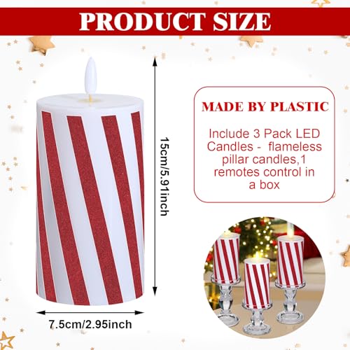 Image of Baquler 3 Pcs Christmas Flameless Candles Pastel Candy Cane LED Pillar Candle Peppermint Glitter Red and White Battery Operated Candlestick for Xmas Party Holiday Table Home Decoration(Thick Stripe)