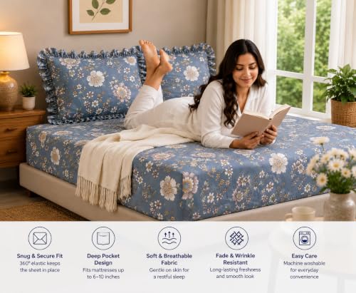 Image of Fitted Bedsheet Queen Size 300 TC Soft Cotton Feel Microfiber All Around Elastic Fitted Double Bedsheet with 2 Frill Pillow Covers | Size (60x78) Grey Bail