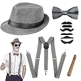 JORAKI 1920s Herren Gatsby Gangster Mafia Accessoires mit Verstellbar Hosenträger Hut Herren Fliege Taschenuhr,Herren kostüm Zubehör Set für Abschlussball Event Halloween Gangster Party
