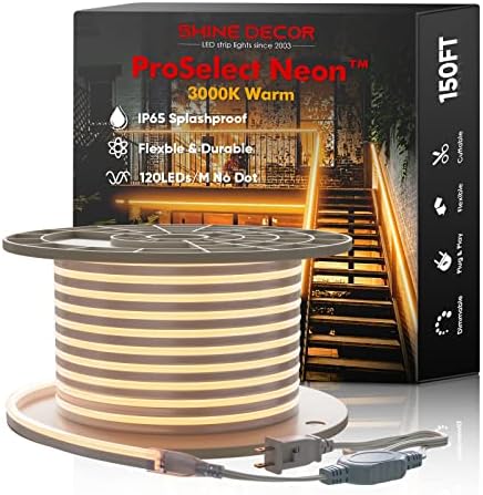 Shine Decor LED Neon Rope Lights 150FT, Dimmable Neon LED Strip Lights 3000K Warm White 120LEDs/M Flexible, ETL-Listed 110V-120V AC Rope Lights Waterproof, Custom Cuttable Neon Lighting for In&Outdoor