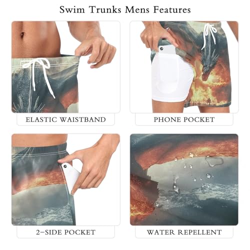 Fantasy Dragon Fire Mens Swim Trunks with Liner, Cool Quick Dry Beach Swim Shorts, Swimwear Bathing Suits S3