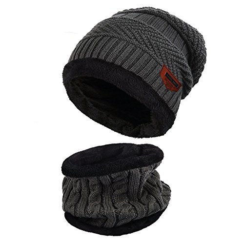 Preisvergleich Produktbild Aibrou Herren Wintermütze Warm Beanie Strickmütze und Schlauchschal mit Fleecefutter Grau