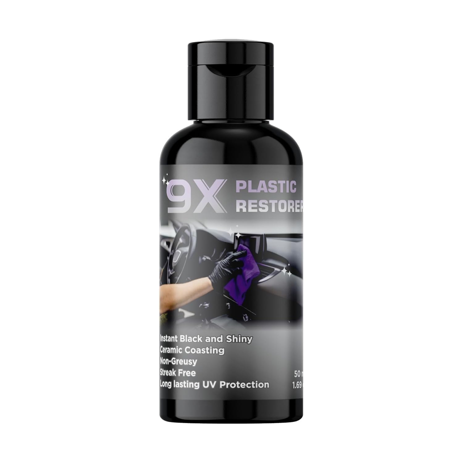 9x plastic restorer, ceramic coating, instant black and shiny finish, non-greasy formula, uv protection, 50ml