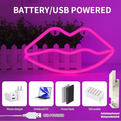 ENUOLI LED Lips Neon Light Sign Wall Light Battery/USB Operated Light Blue Art Decorative Neon Lights Signs for Walls Light up Signs for Bedroom Walls Party(Pink) - Image 4
