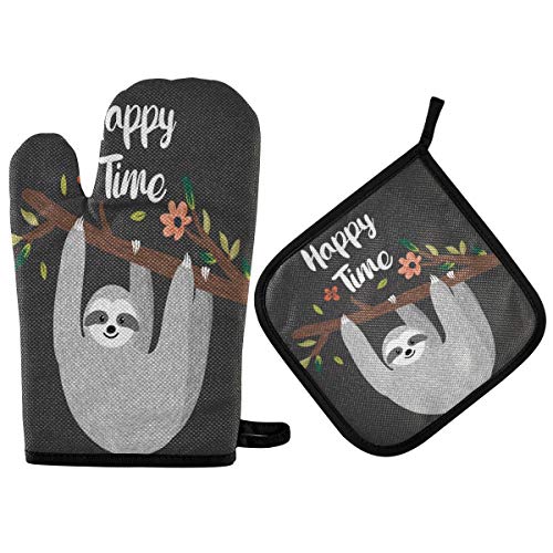 AUUXVA Funnyy Ofenhandschuhe und Topflappen-Set, lustige Faultiere, Baumzweig, hitzebeständige Baumwolle, Ofenhandschuhe, rutschfest, waschbar, Topflappen zum Kochen, Küche, Grillen, Backen, Grillen Cover
