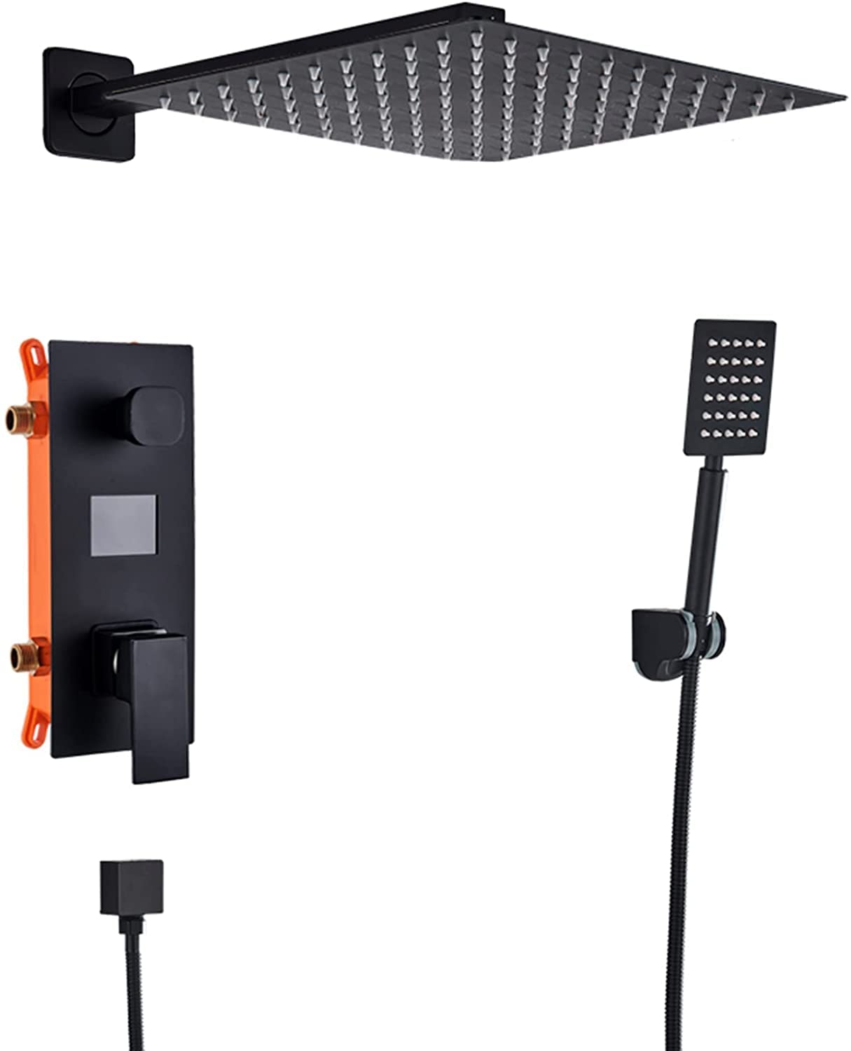 SnamicE Shower System Digital Display Concealed Shower Faucet Set Matt Black Shower Combo Set with Hand Shower and Waterfall Rainfall Shower Head,16 Inch,16 Inch