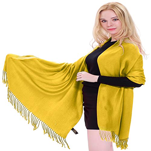 CJ Apparel Yellow Gold Amber Yellow Solid Color Tassels Design Nepalese Shawl Scarf Wrap Stole Throw Head Wrap Pashmina Hand Made in Nepal New