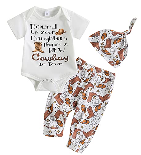 Image of SAYOO Western Newborn Baby Boys Cowboy Outfit Cow Print Letter Bodysuit Long Leggings Cap 3pcs Infant Boy Country Clothes
