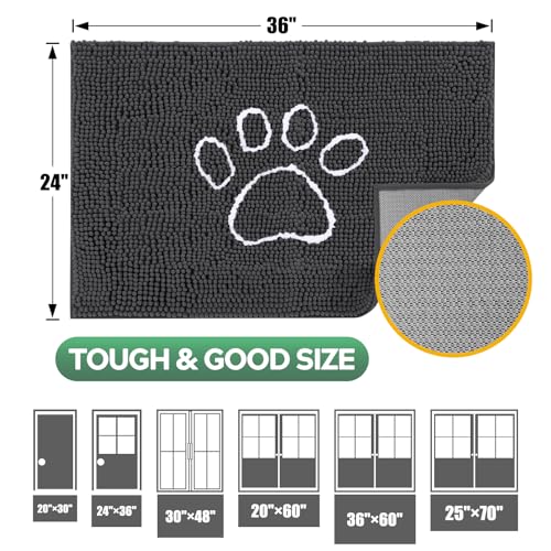 Dog Door Mat for Muddy Paws, Pet Rug Chenille Absorbent Outdoor Doormat 48"x 30", Non Slip Heavy Indoor Doormat Soft Front Inside Doormats for Entryway, Mud Paws, Patio,Dog Paw Dark Grey