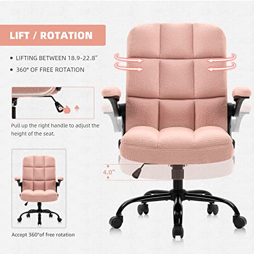 Seatzone Pink Home Office Desk Chairs With Flip-Up Armrest, Faux Fur, Fuzzy Computer Rolling Chair With Wheels, Adjustable Backward Tilt #TOP5