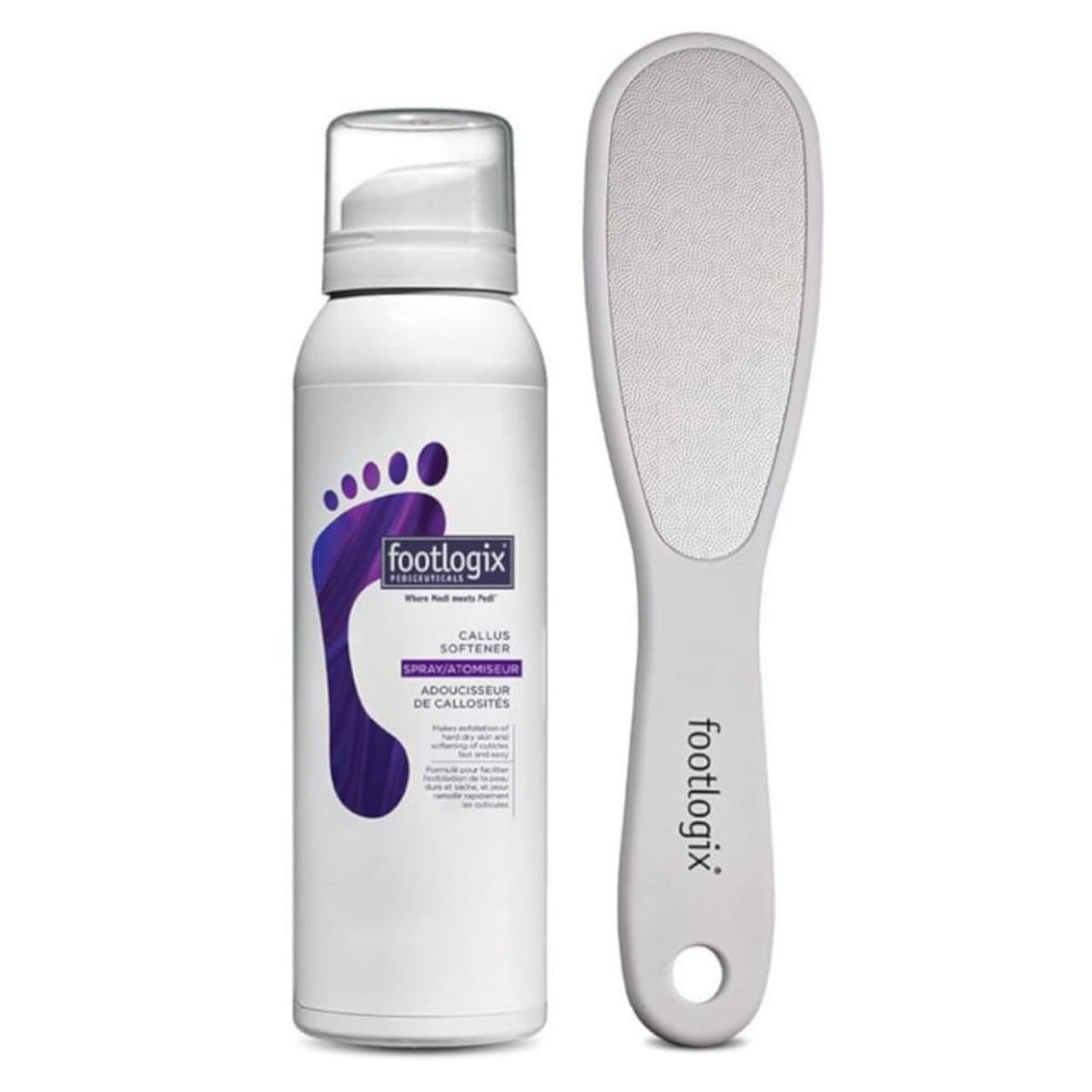 Footlogix El mejor combo para el cuidado de los pies en casa. Incluye suavizante de callos Footlogix de 125 ml y lima de pie de acero inoxidable de doble cara. Adecuado para todo tipo de piel.